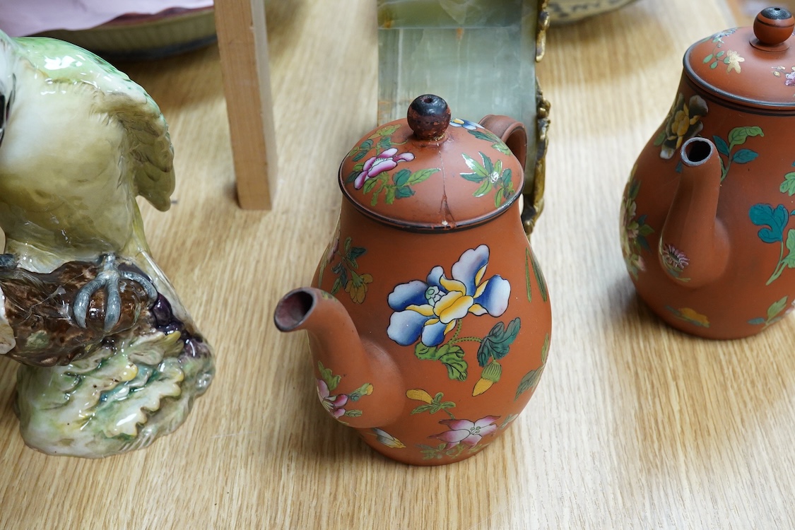A Beswick woodpecker, two Myott jugs and two Wedgwood teapots and covers, largest 22cm